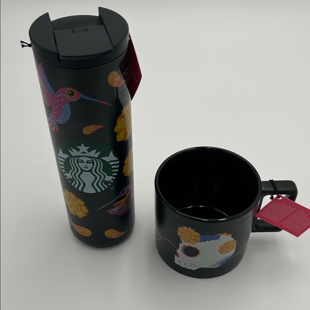 Starbucks Black Travel Tumbler & Mug Set with Colorful Hummingbird Accents